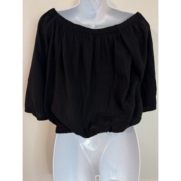Ann Taylor LOFT Outlet Blouse Black Cotton Cropped Minimalist Neutral S New - Picture 3 of 7
